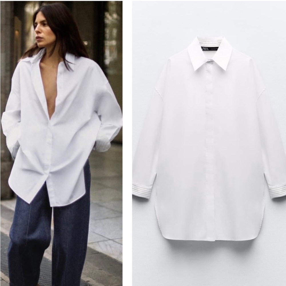 Zara Striped Oversized Cuffed Shirt White Size XS NEW